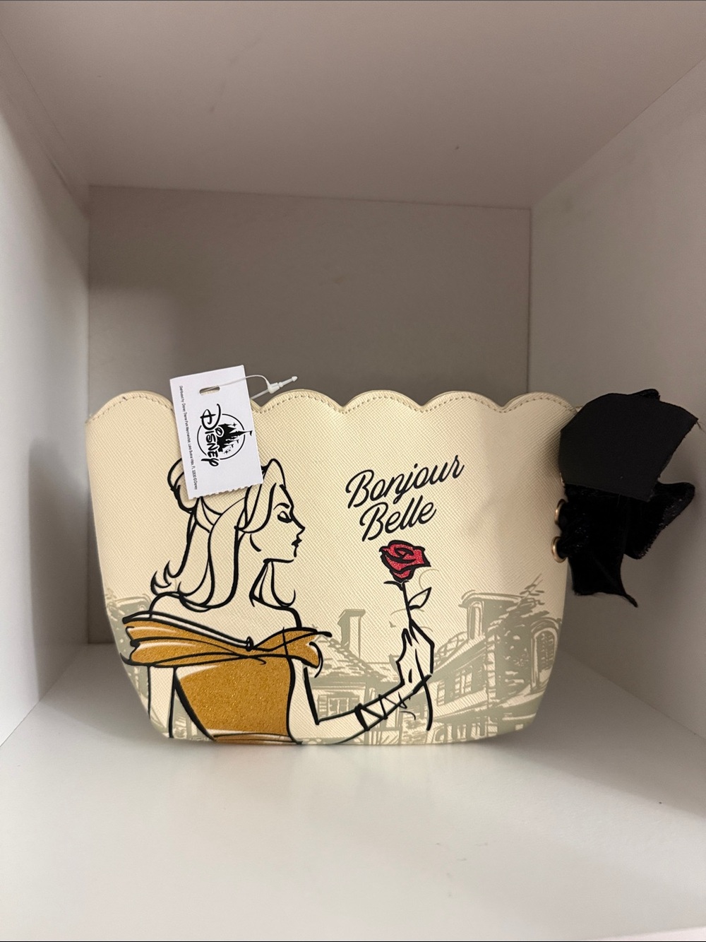 S Disney Cream & Gold Bonjour Belle Cosmetic Pouch with Red Rose - NW